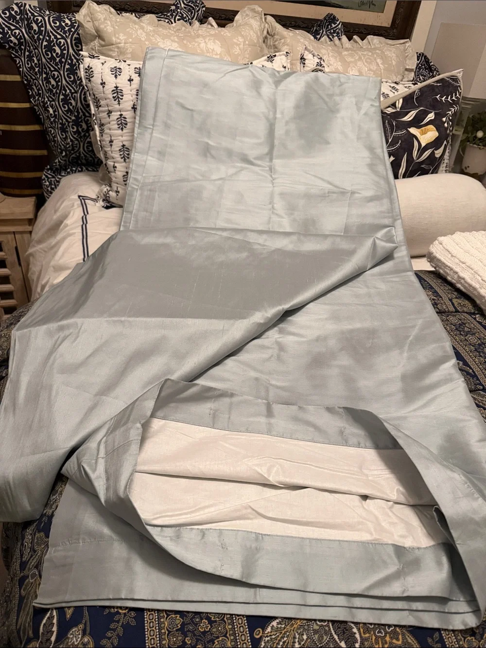 Rare Restoration Hardware silk cotton backing Silver sage drape pair 100”x 108”L